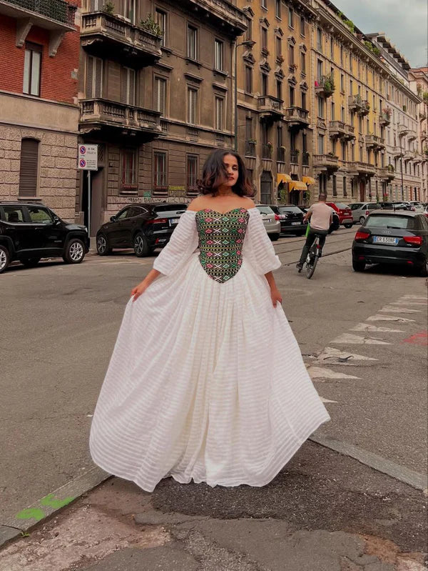 Saba - Multicolor Embroidered Off Shoulder Handwoven Habesha Kemis | Elegant Traditional Ethiopian Dress Hab269