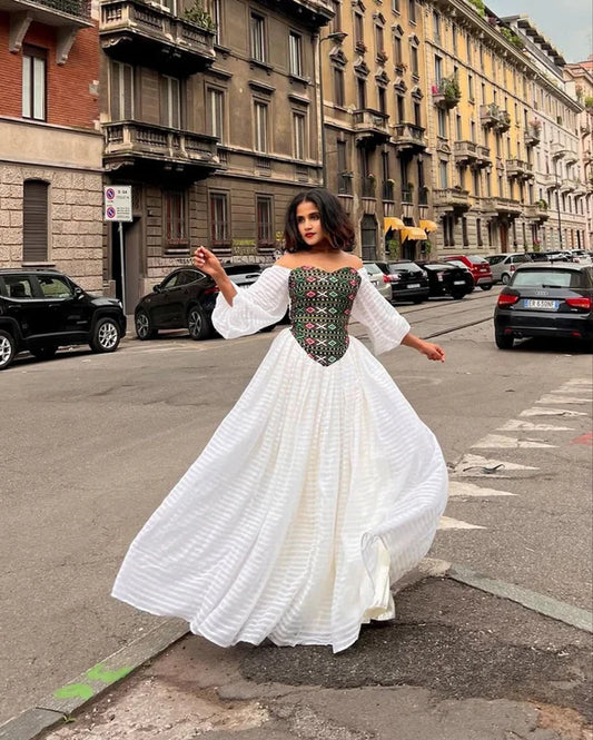 Saba - Multicolor Embroidered Off Shoulder Handwoven Habesha Kemis | Elegant Traditional Ethiopian Dress Hab269