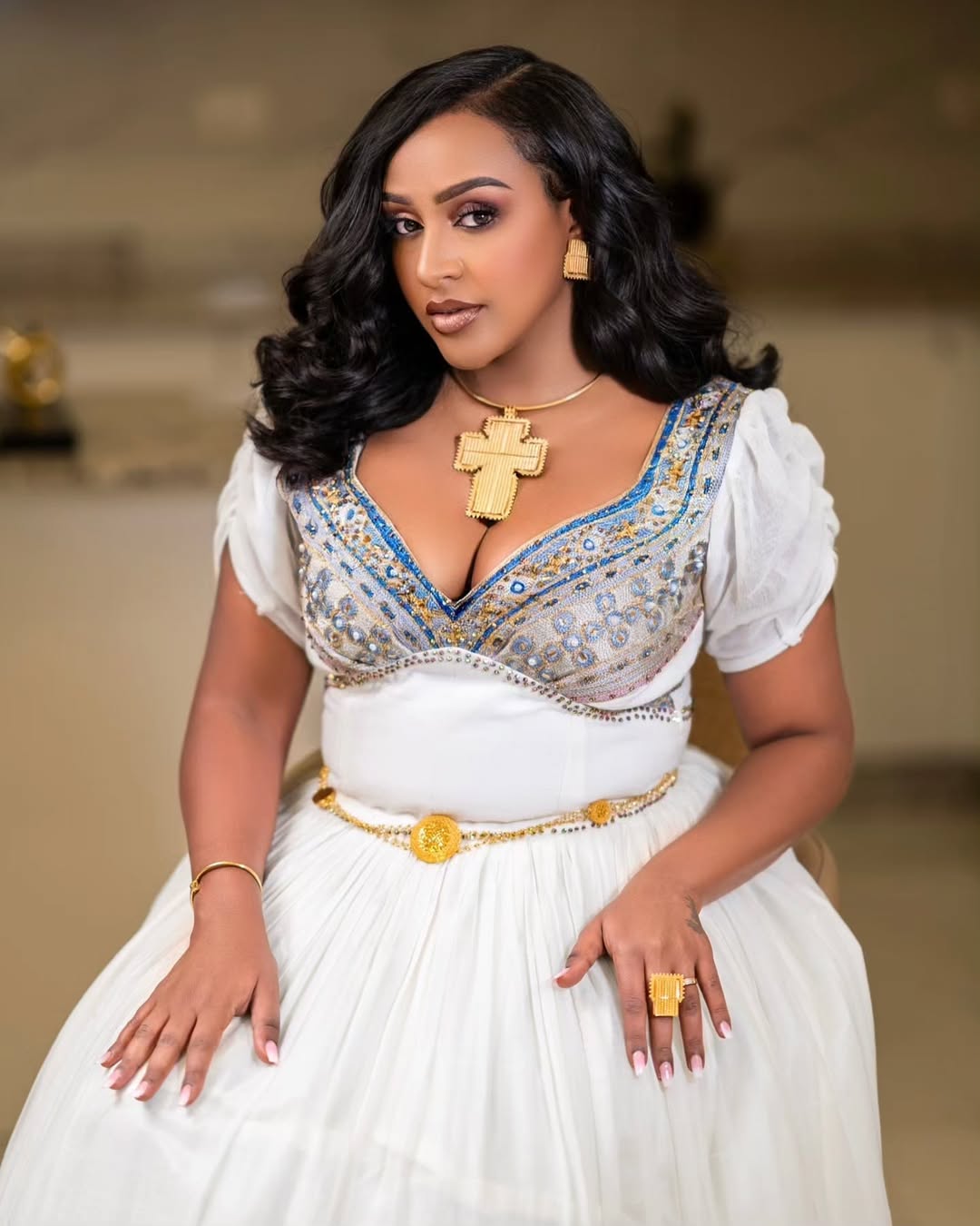 NINA WHITE ETHIOPIAN DRESS WITH GOLD CROSS EMBROIDERY | ELEGANT ETHIOPIAN HABESHA KEMIS | PERFECT HABESHA DRESS FOR EVENTS