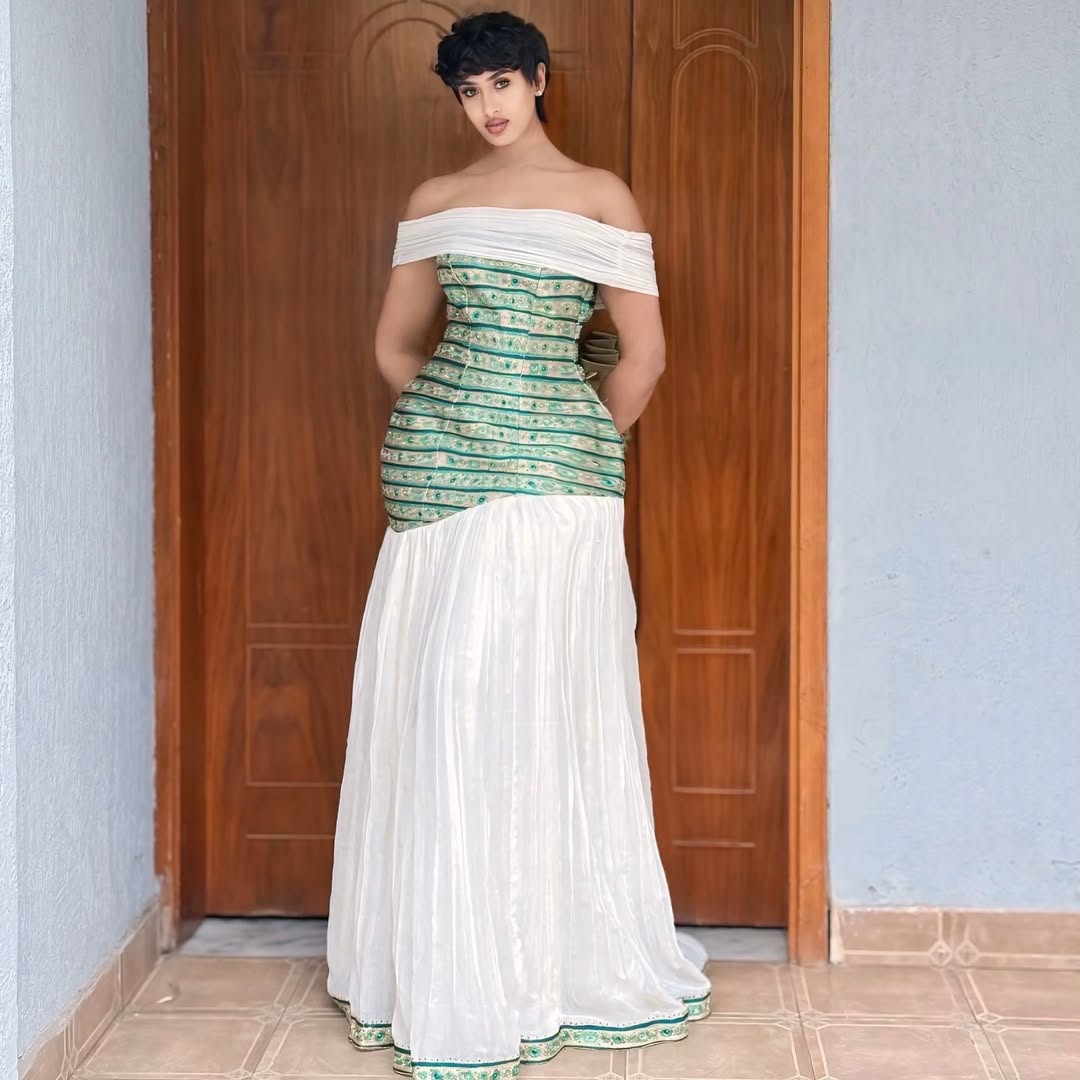 MELONA OFF-SHOULDER ETHIOPIAN DRESS | TIBEB AND SHEMMA FUSION HABESHA KEMIS | GREEN TIBEB DESIGN HABESHA DRESS FOR SPECIAL OCCASIONS
