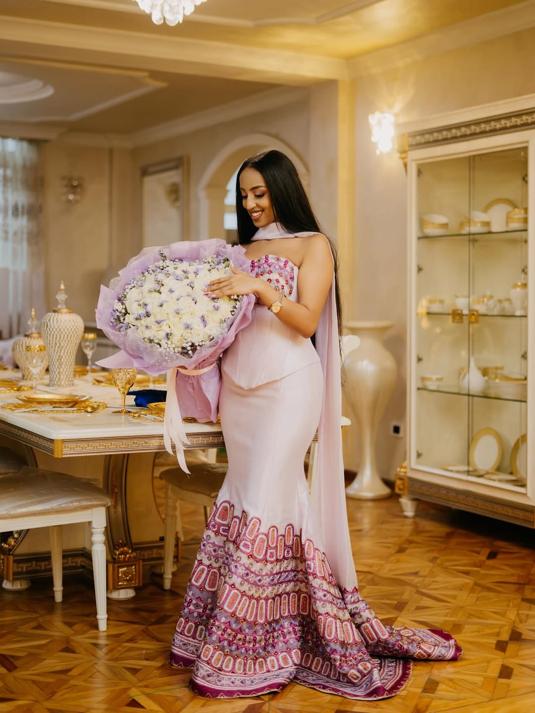YANET ETHIOPIAN TRADITIONAL CLOTHING | PINK AND PURPLE TIBEB PATTERN HABESHA KEMIS | HANDWOVEN HABESHA DRESS