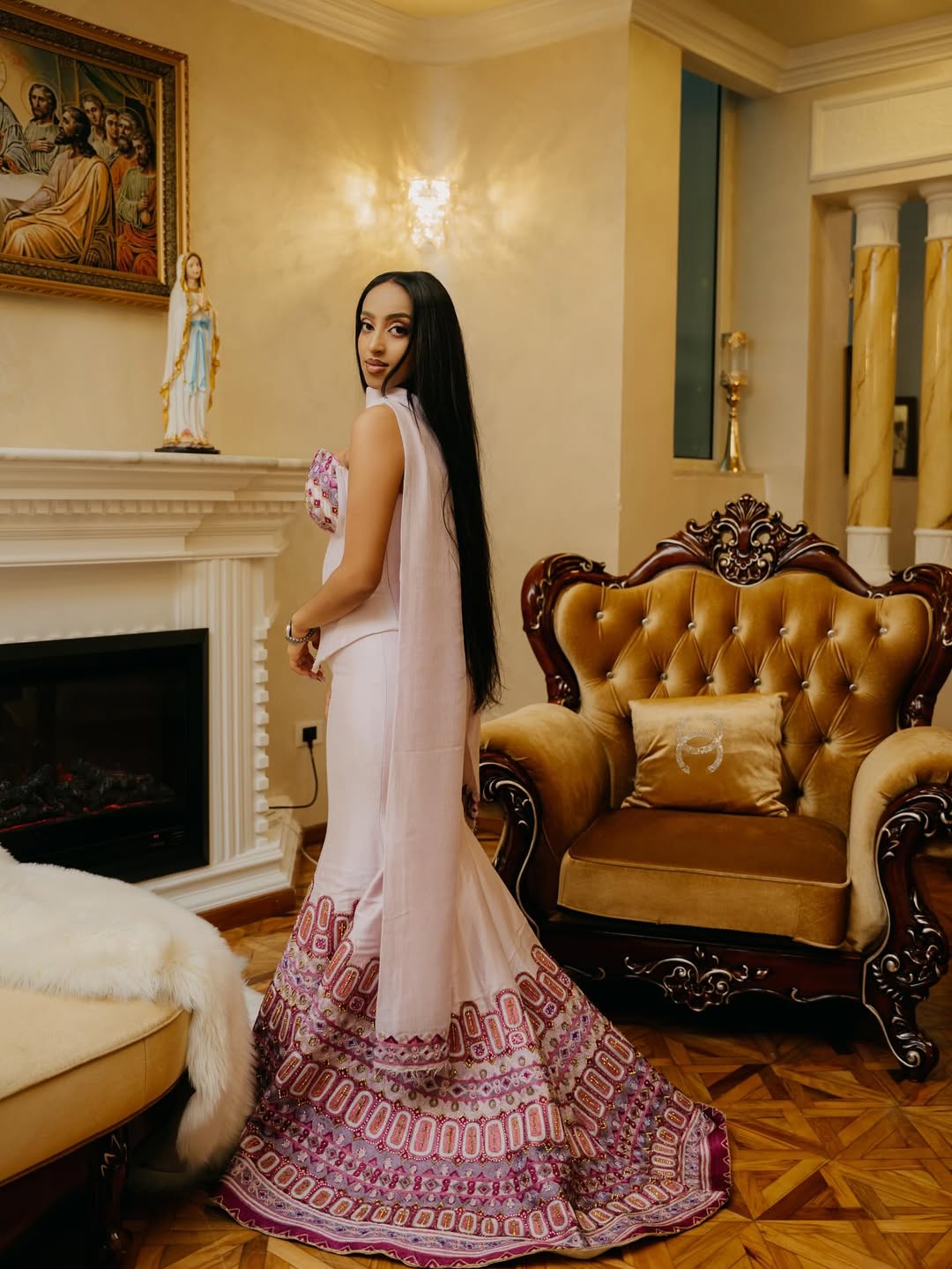 YANET ETHIOPIAN TRADITIONAL CLOTHING | PINK AND PURPLE TIBEB PATTERN HABESHA KEMIS | HANDWOVEN HABESHA DRESS