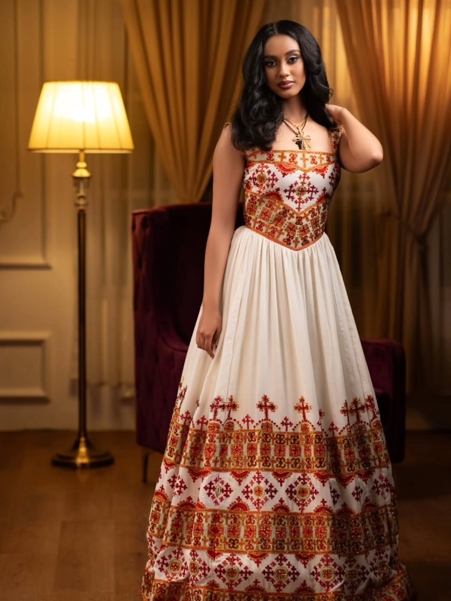 BELLA ETHIOPIAN TRADITIONAL DRESS WITH RICH EMBROIDERY | RED AND GOLD HABESHA KEMIS | HANDCRAFTED HABESHA DRESS