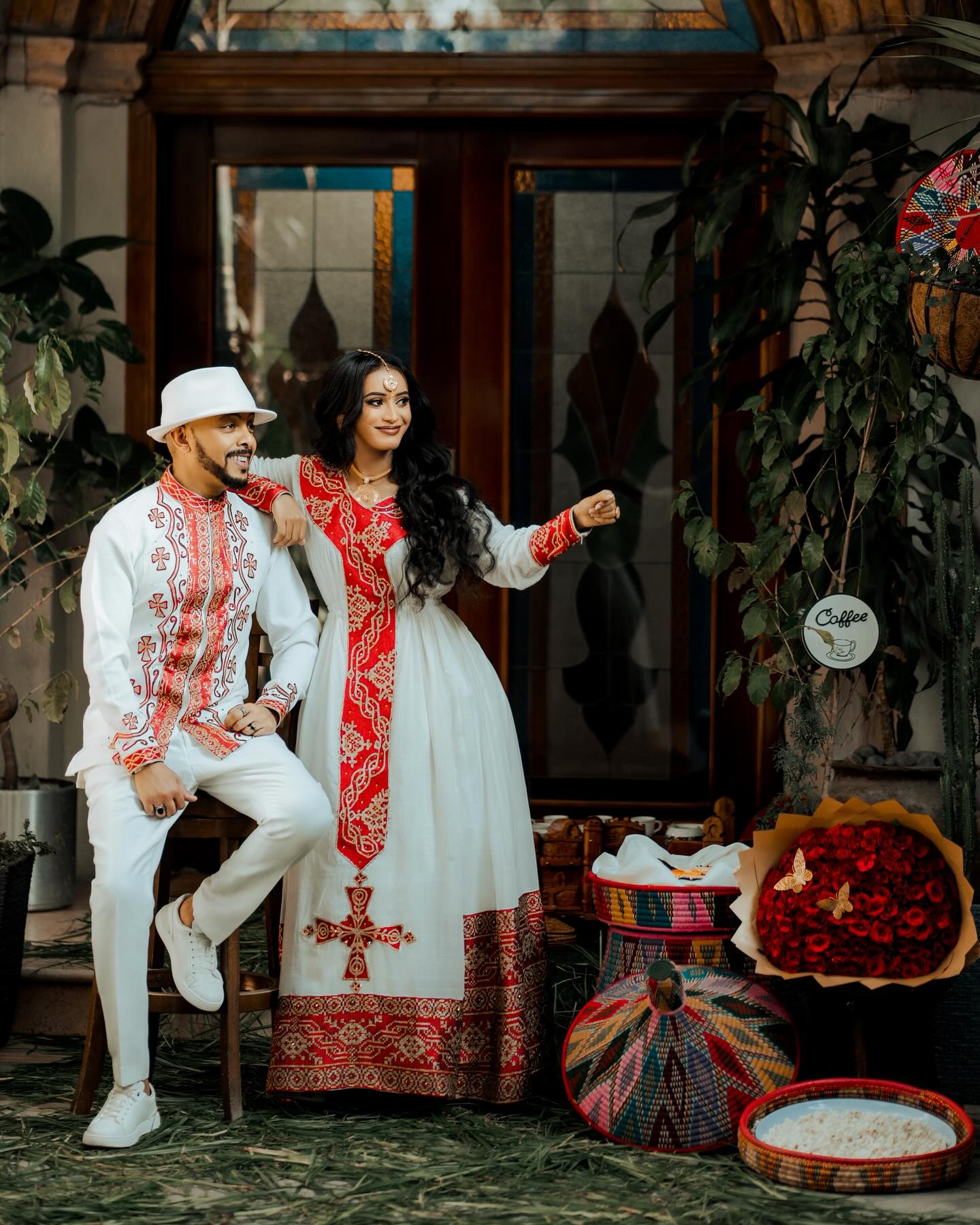 HIWI ETHIOPIAN TRADITIONAL COUPLE OUTFITS | RED AND GOLD EMBROIDERY COUPLE'S SET | MATCHING HABESHA DRESS AND MEN'S SHIRT FOR WEDDINGS