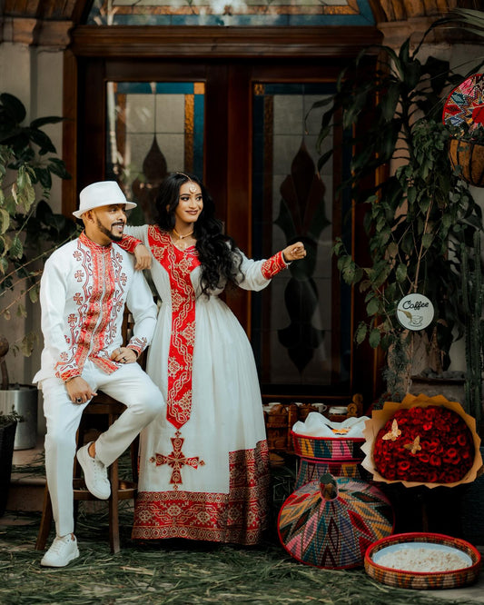 HIWI ETHIOPIAN TRADITIONAL COUPLE OUTFITS | RED AND GOLD EMBROIDERY COUPLE'S SET | MATCHING HABESHA DRESS AND MEN'S SHIRT FOR WEDDINGS
