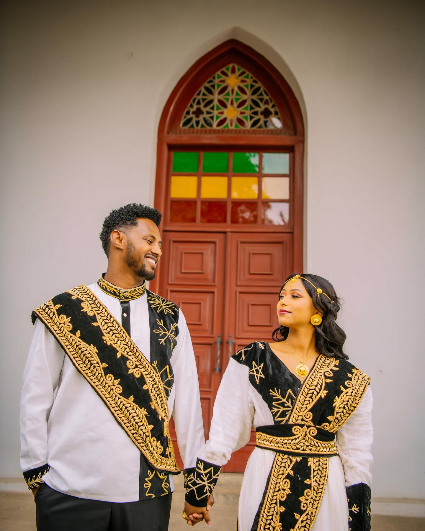 ASTU MATCHING ETHIOPIAN COUPLE'S OUTFIT | BLACK VELVET AND GOLD EMBROIDERY ETHIOPIAN CLOTHING | MODERN HABESHA COUPLE'S OUTFIT