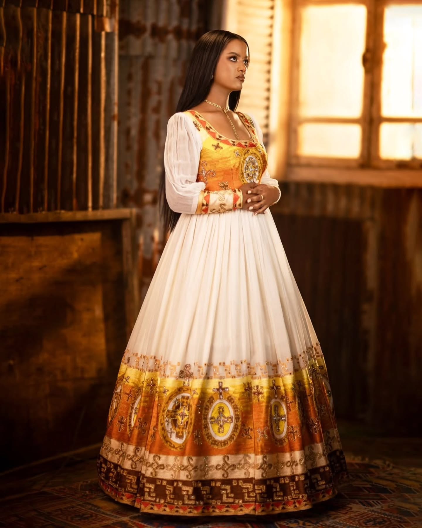 LINA ETHIOPIAN WEDDING DRESS | ORANGE, YELLOW, AND GOLDEN EMBROIDERY HABESHA KEMIS | GORGEOUS HABESHA WEDDING DRESS