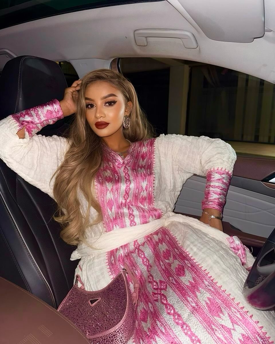 EYOAS ETHIOPIAN TRADITIONAL DRESS | HANDMADE HABESHA KEMIS | MODERN PINK DESIGN ACCENT HABESHA DRESS