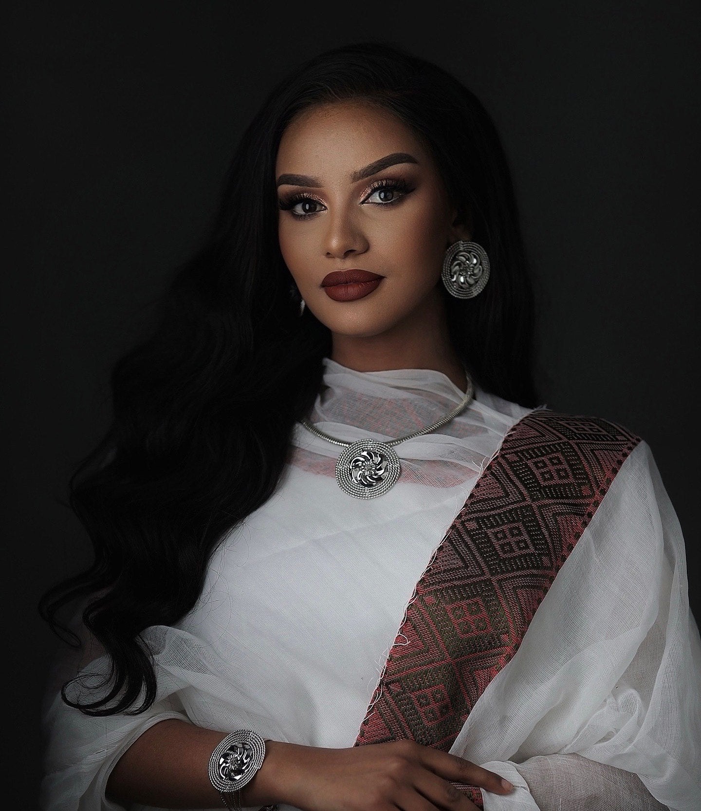ELLU ETHIOPIAN CLOTHING | WHITE HABESHA KEMIS WITH TIBEB DETAILS | BROWN TIBEB PATTERN HABESHA DRESS FOR EVENTS