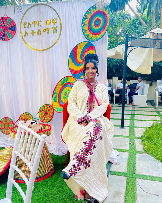 COLORFUL ETHIOPIAN HABESHA DRESS – HANDWOVEN KEMIS WITH GEOMETRIC TIBEB