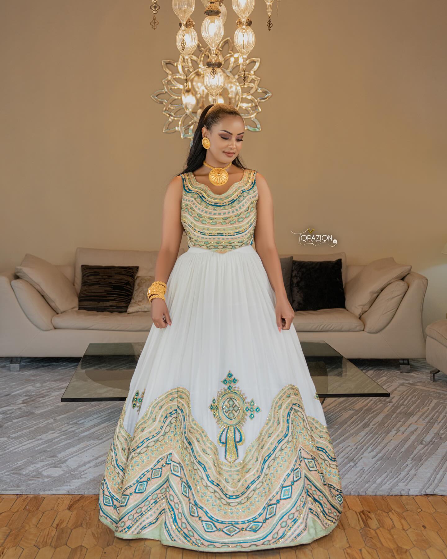 MEDHANIT ETHIOPIAN HABESHA DRESS | GOLD AND GREEN EMBROIDERY TRADITIONAL HABESHA KEMIS | CULTURAL ETHIOPIAN CLOTH FOR WEDDINGS