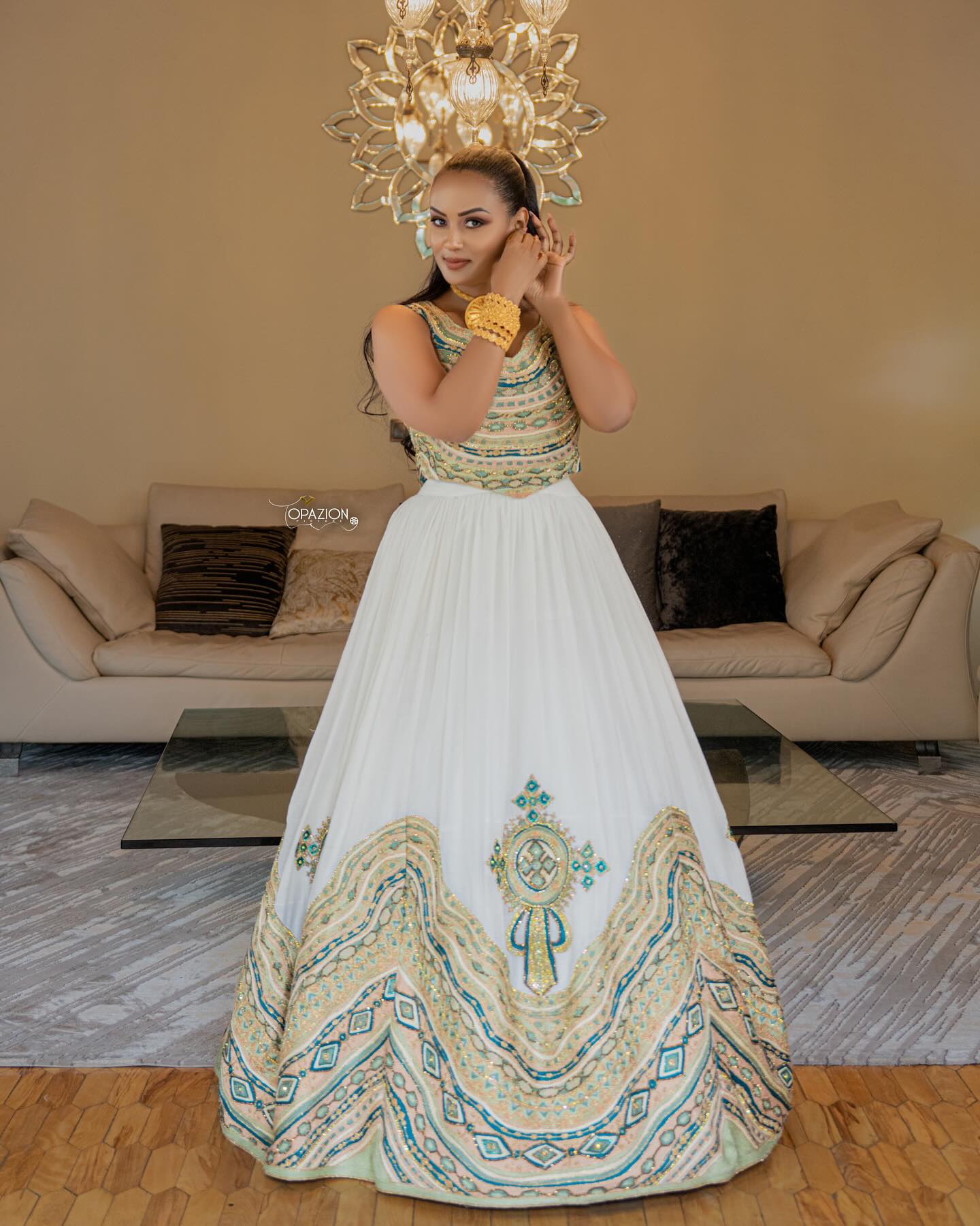 MEDHANIT ETHIOPIAN HABESHA DRESS | GOLD AND GREEN EMBROIDERY TRADITIONAL HABESHA KEMIS | CULTURAL ETHIOPIAN CLOTH FOR WEDDINGS