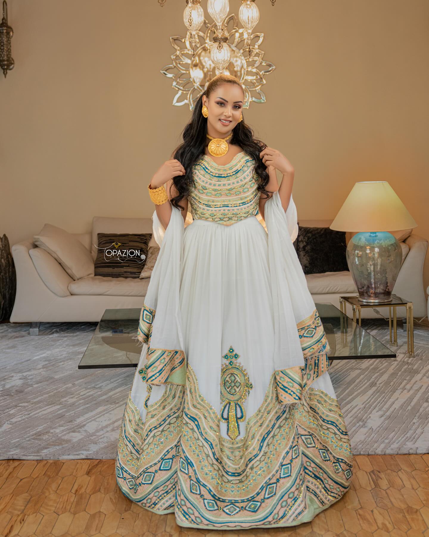 MEDHANIT ETHIOPIAN HABESHA DRESS | GOLD AND GREEN EMBROIDERY TRADITIONAL HABESHA KEMIS | CULTURAL ETHIOPIAN CLOTH FOR WEDDINGS