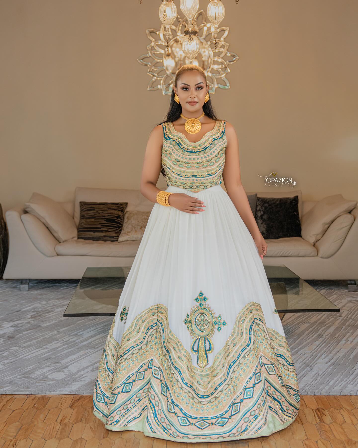 MEDHANIT ETHIOPIAN HABESHA DRESS | GOLD AND GREEN EMBROIDERY TRADITIONAL HABESHA KEMIS | CULTURAL ETHIOPIAN CLOTH FOR WEDDINGS