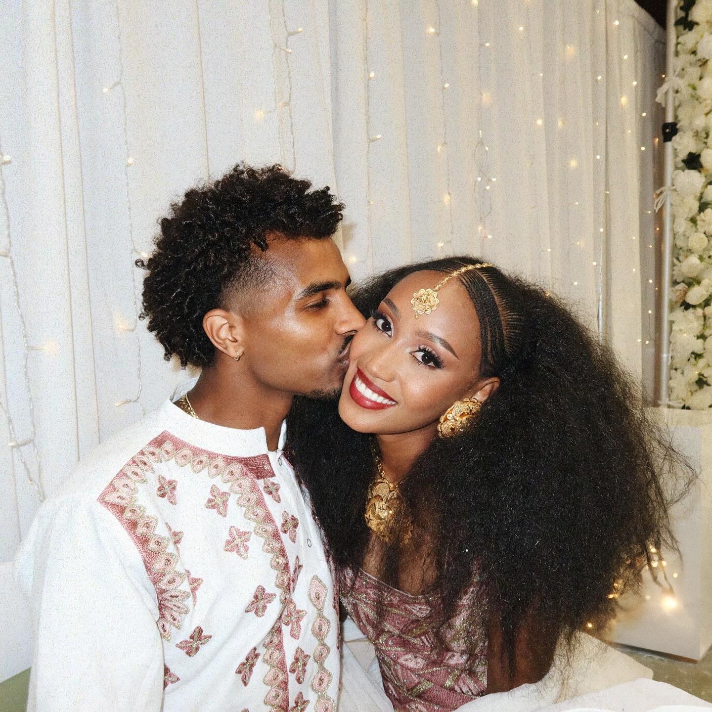 ADIYAM ETHIOPIAN COUPLE’S MATCHING HABESHA DRESS AND SUIT SET | TRADITIONAL ROSY-PINK TILET EMBROIDERY FOR WEDDINGS |CULTURAL COUPLE'S OUTFIT