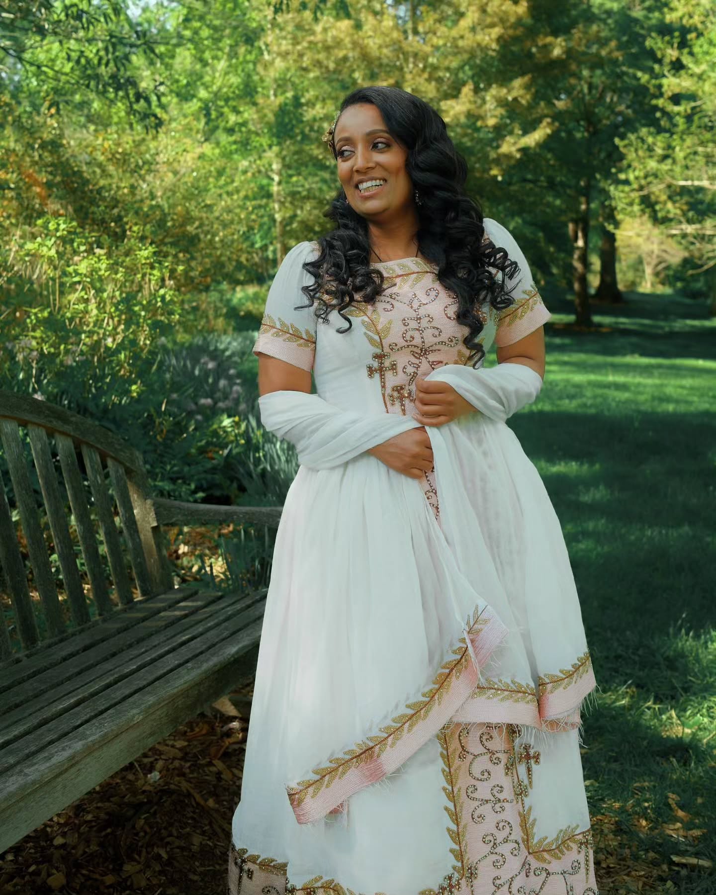 VERONICA ETHIOPIAN WEDDING COUPLE OUTFIT | WHITE HABESHA DRESS AND MEN’S SUIT | GOLD AND PINK EMBROIDERY COUPLES OUTFIT