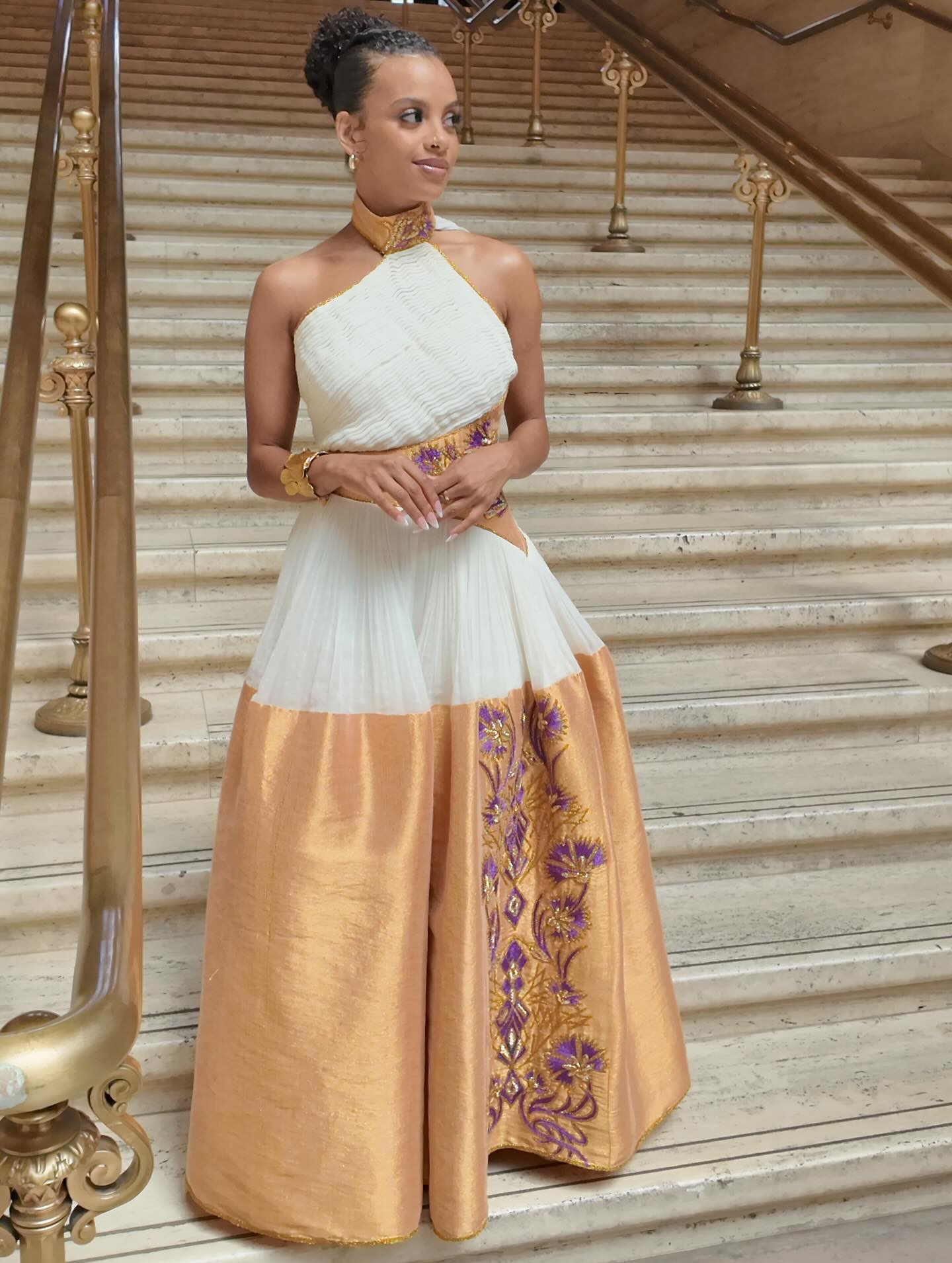 MISRAK MODERN ETHIOPIAN HABESHA DRESS | GOLDEN PEACH SKIRT AND PURPLE FLORAL EMBROIDERY ETHIOPIAN CLOTHING | ELEGANT CULTURAL HABESHA KEMIS