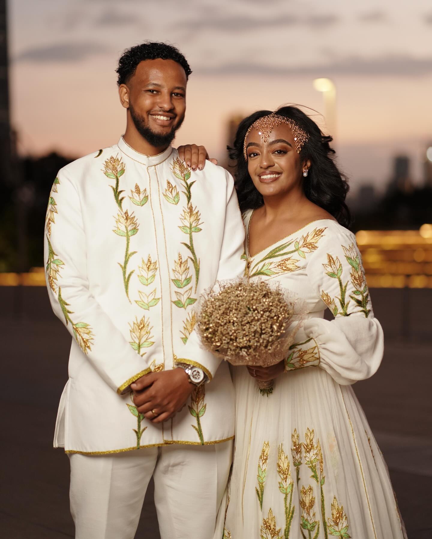 DANAWIT HABESHA COUPLE OUTFIT | GREEN & GOLD FLORAL EMBROIDERY COUPLE'S OUTFIT | HABESHA MATCHING SET