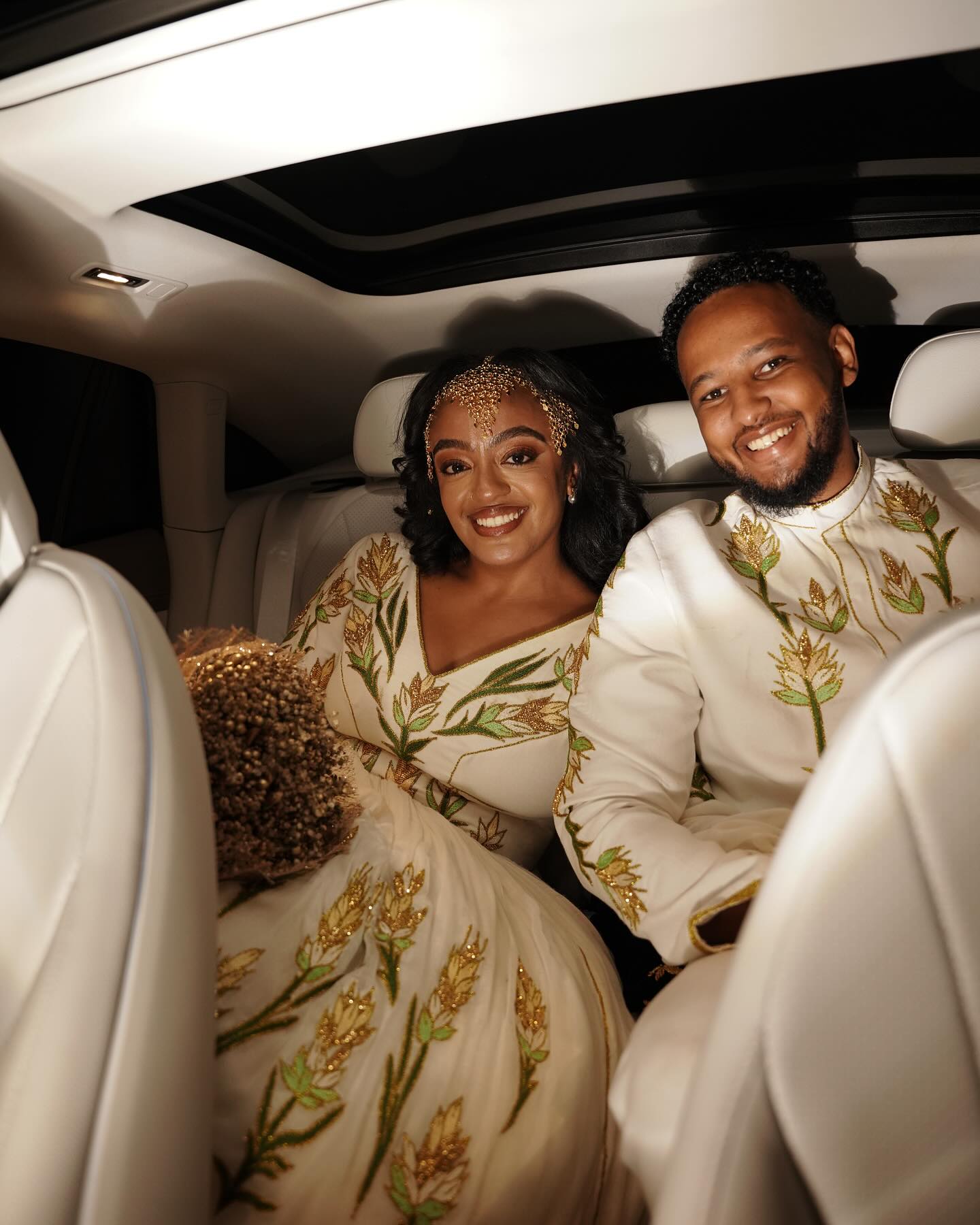 DANAWIT HABESHA COUPLE OUTFIT | GREEN & GOLD FLORAL EMBROIDERY COUPLE'S OUTFIT | HABESHA MATCHING SET
