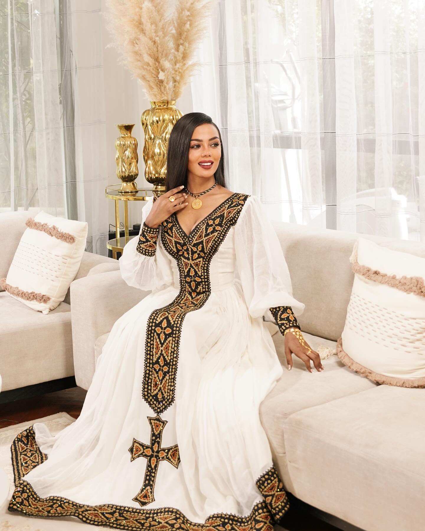 HEAVEN BLACK & GOLD EMBROIDERY ETHIOPIAN CLOTH | CROSS MOTIF CULTURAL HABESHA DRESS | CLASSIC CULTURAL HABESHA KEMIS