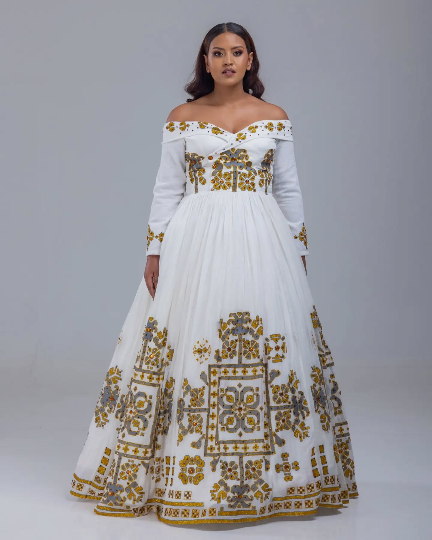 ENKU OFF-SHOULDER ETHIOPIAN HABESHA KEMIS | GOLD & SILVER EMBROIDERY HABESHA DRESS | ROYAL STYLE ETHIOPIAN WEDDING DRESS