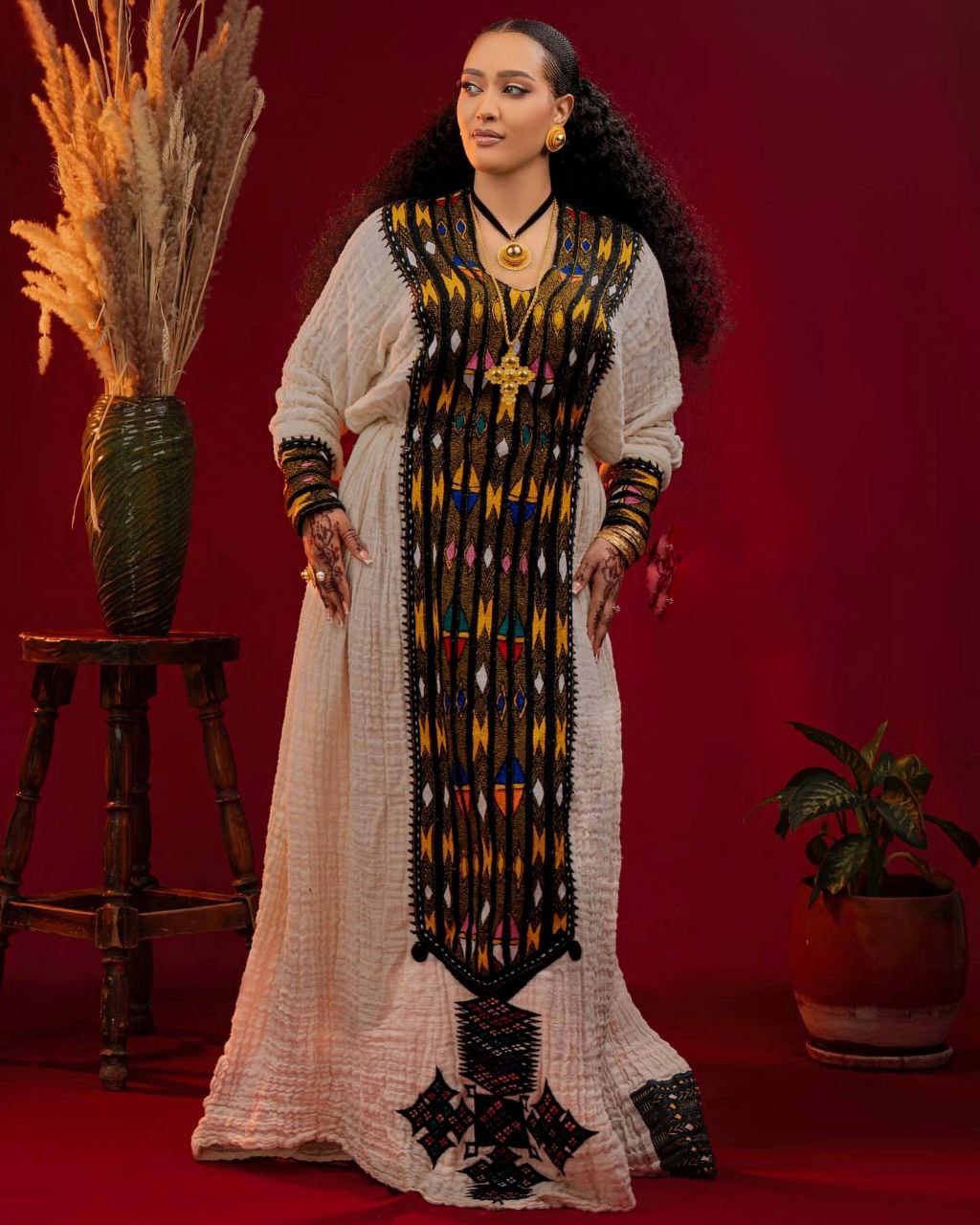 KUKU ETHIOPIAN CULTURE HABESHA KEMIS | BOLD BLACK AND GOLD EMBROIDERY ETHIOPIAN CLOTH | HANDMADE HABESHA DRESS