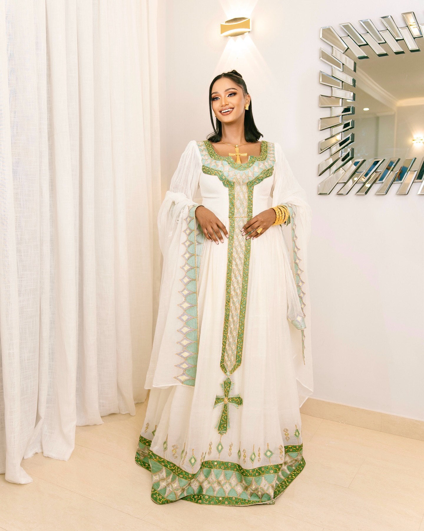 SAYAT GREEN-ACCENTED HABESHA KEMIS | TRADITIONAL ETHIOPIAN DRESS WITH CROSS EMBROIDERY | TIMELESS HABESHA DRESS