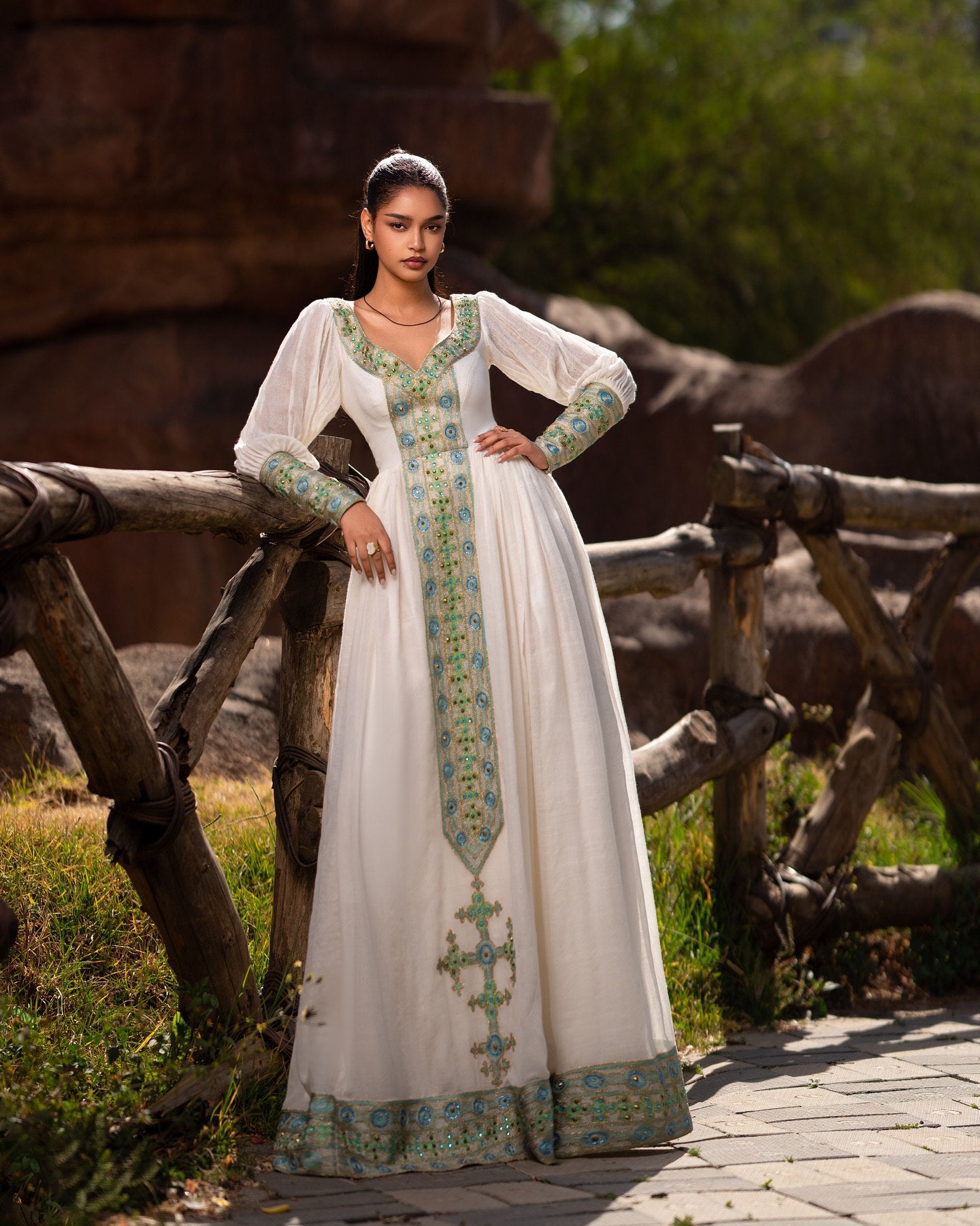 ROMAN ROYAL TRADITIONAL HABESHA KEMIS | TURQUOISE & GOLD EMBROIDERED CROSS DESIGN HABESHA DRESS | STUNNING ETHIOPIAN CLOTH
