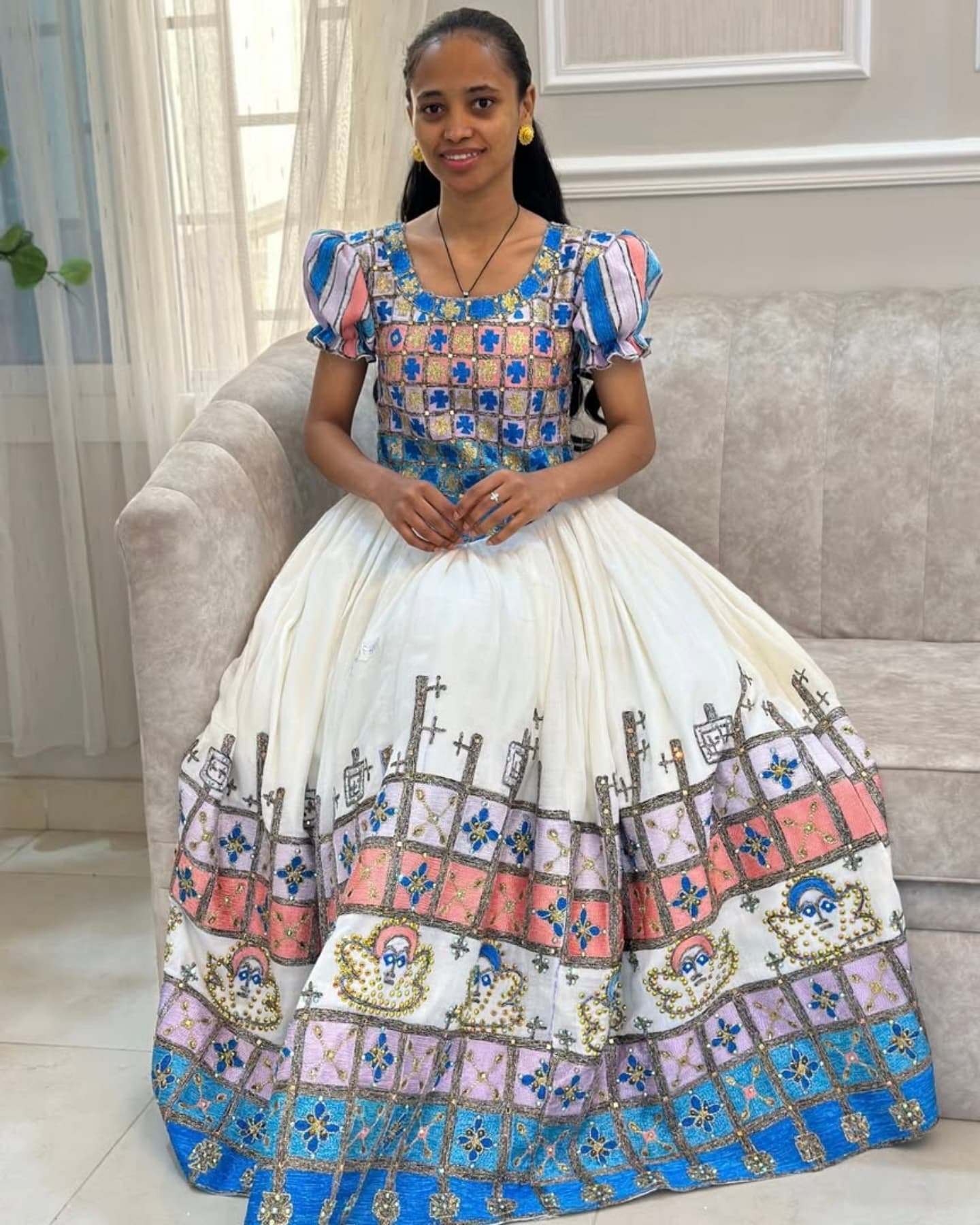 NAOMI COLORFUL HABESHA KEMIS | TRADITIONAL EMBROIDERED ETHIOPIAN DRESS FOR SPECIAL OCCASIONS | PUFFED SLEEVE HABESHA DRESS