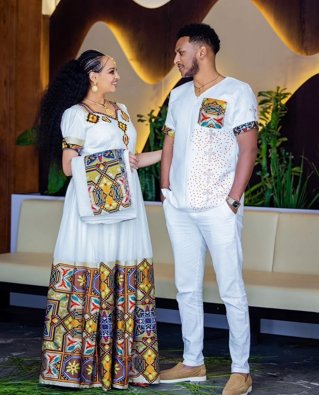 HIBIST ETHIOPIAN COUPLE OUTFIT | MATCHING TRADITIONAL TIBEB EMBROIDERY COUPLE SET | HANDWOVEN MATCHING OUTFIT