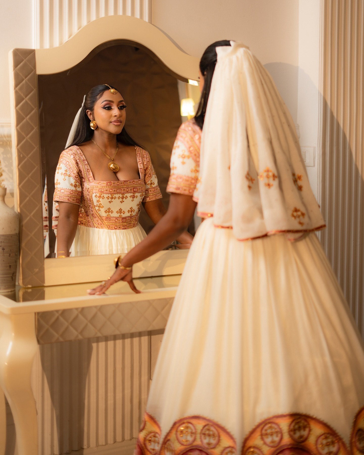 MENEN ELEGANT ETHIOPIAN HABESHA KEMIS | GOLDEN ORNATE CROSS EMBROIDERY HABESHA DRESS | TRADITIONAL ETHIOPIAN WEAR FOR WEDDING
