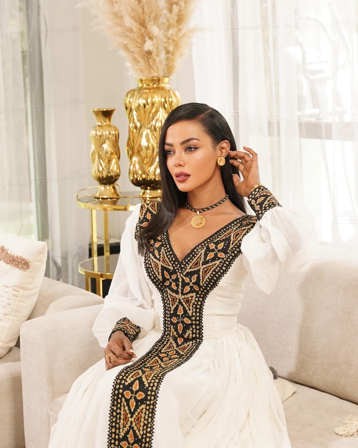 HEAVEN BLACK & GOLD EMBROIDERY ETHIOPIAN CLOTH | CROSS MOTIF CULTURAL HABESHA DRESS | CLASSIC CULTURAL HABESHA KEMIS