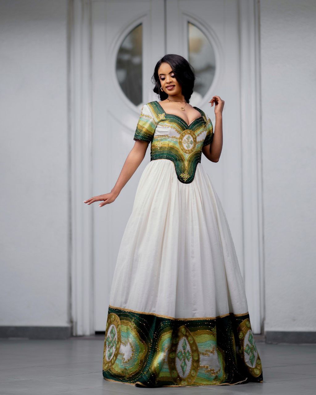 YENE ROYAL ETHIOPIAN HABESHA KEMIS | EMERALD GREEN & GOLDEN EMBROIDERY HABESHA DRESS | SHORT SLEEVE ETHIOPIAN CLOTHING