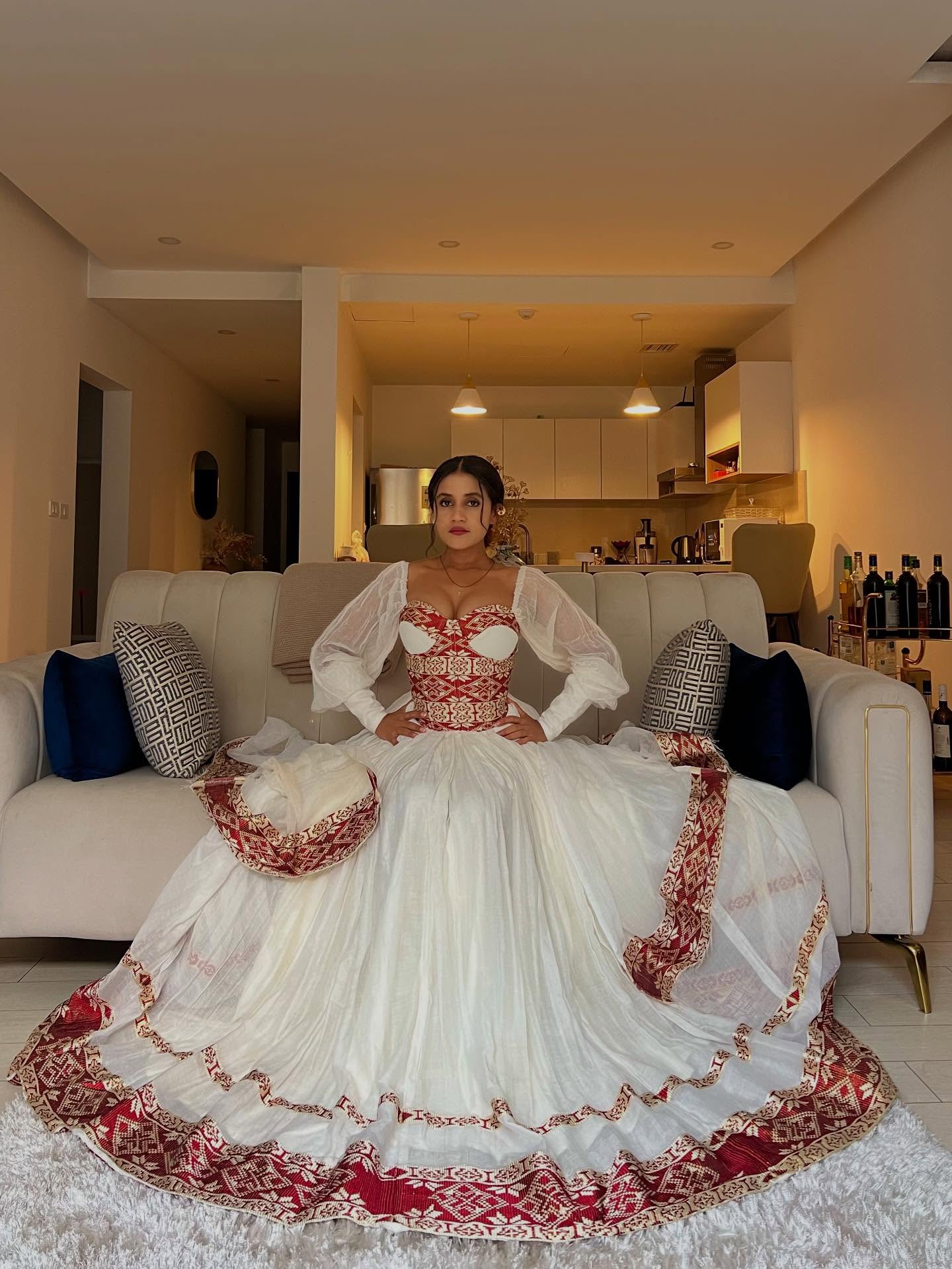 ARIAM ROYAL TRADITIONAL ETHIOPIAN WEDDING DRESS | RED AND GOLD WOVEN PATTERN HABESHA KEMIS | VIBRANT HABESHA DRESS FOR WEDDING