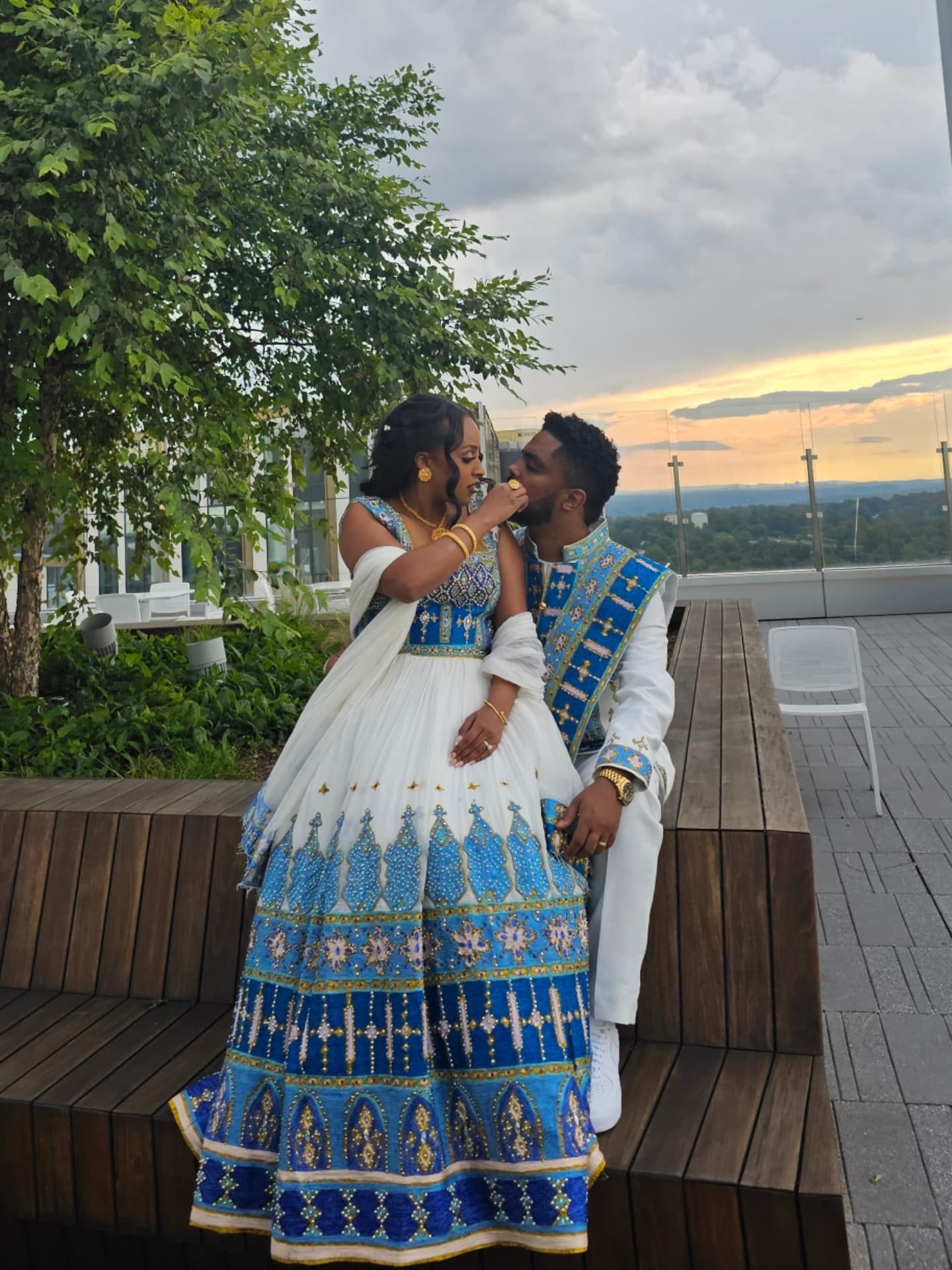 HLINA ETHIOPIAN WEDDING COUPLE'S SET | BLUE & GOLD TILET HABESHA KEMIS AND MEN’S SUIT | HABESHA COUPLE'S OUTFIT