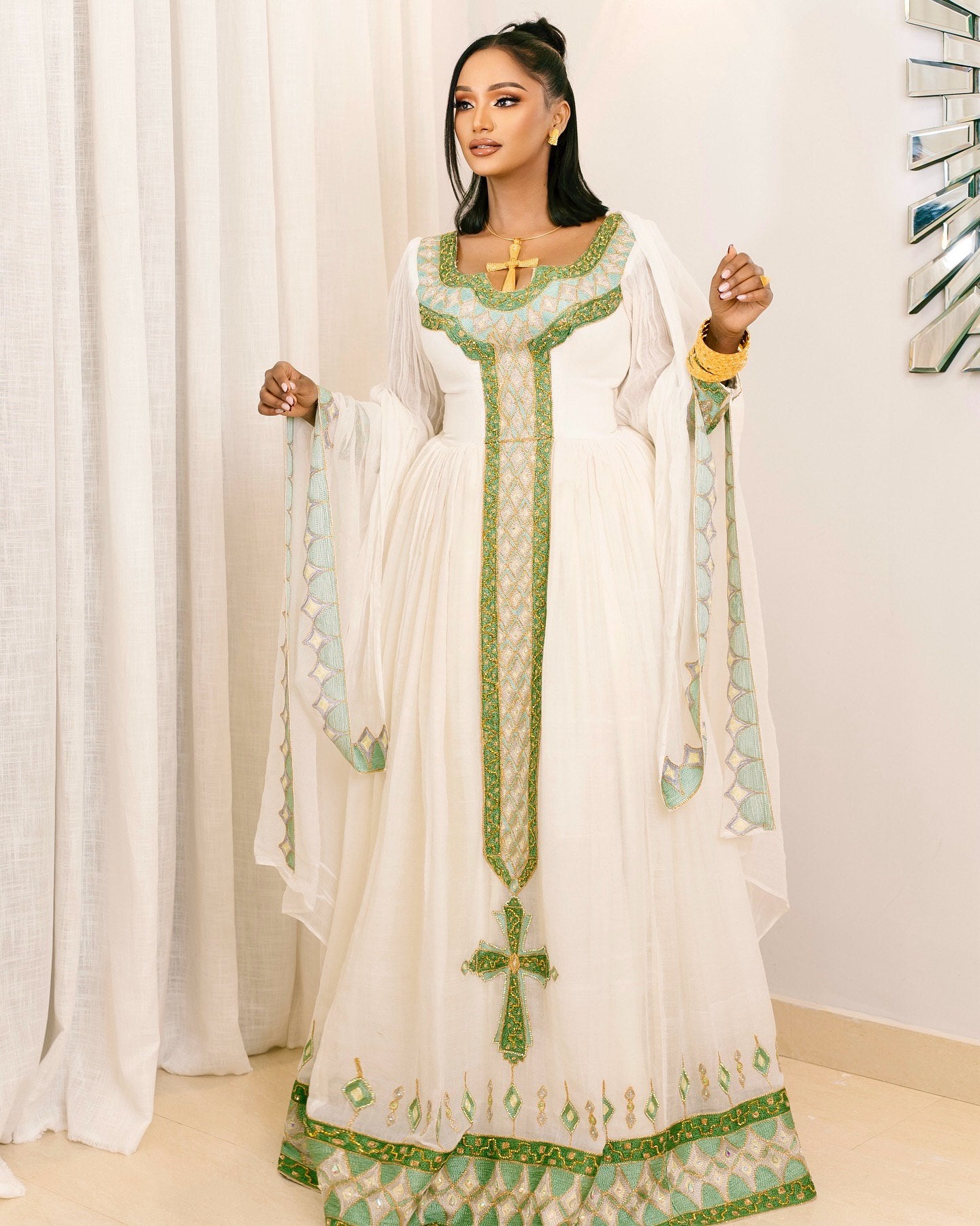 SAYAT GREEN-ACCENTED HABESHA KEMIS | TRADITIONAL ETHIOPIAN DRESS WITH CROSS EMBROIDERY | TIMELESS HABESHA DRESS