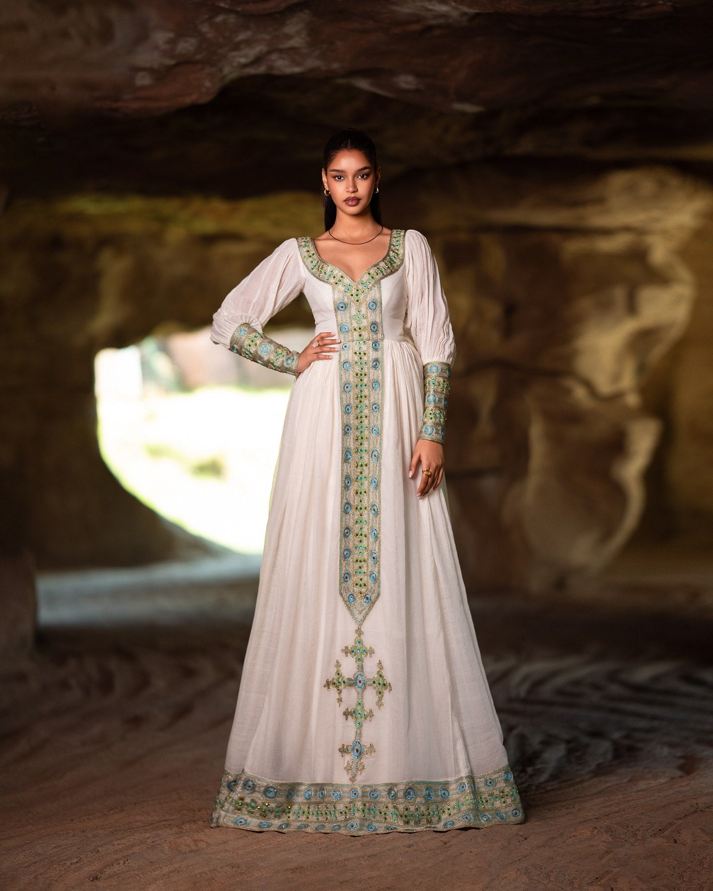 ROMAN ROYAL TRADITIONAL HABESHA KEMIS | TURQUOISE & GOLD EMBROIDERED CROSS DESIGN HABESHA DRESS | STUNNING ETHIOPIAN CLOTH