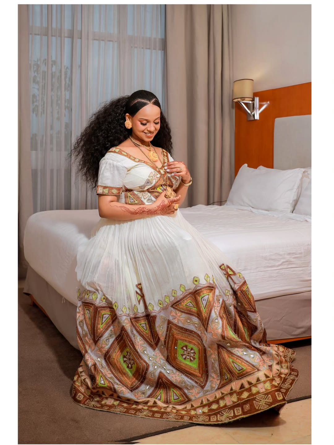SEGENET TRADITIONAL ETHIOPIAN HABESHA KEMIS | BRONZE AND GREEN DIAMOND EMBROIDERY HABESHA DRESS | STUNNING ETHIOPIAN WEDDING DRESS