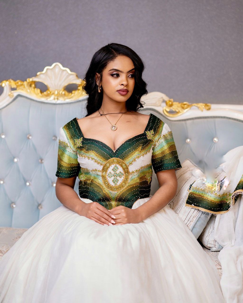 YENE ROYAL ETHIOPIAN HABESHA KEMIS | EMERALD GREEN & GOLDEN EMBROIDERY HABESHA DRESS | SHORT SLEEVE ETHIOPIAN CLOTHING