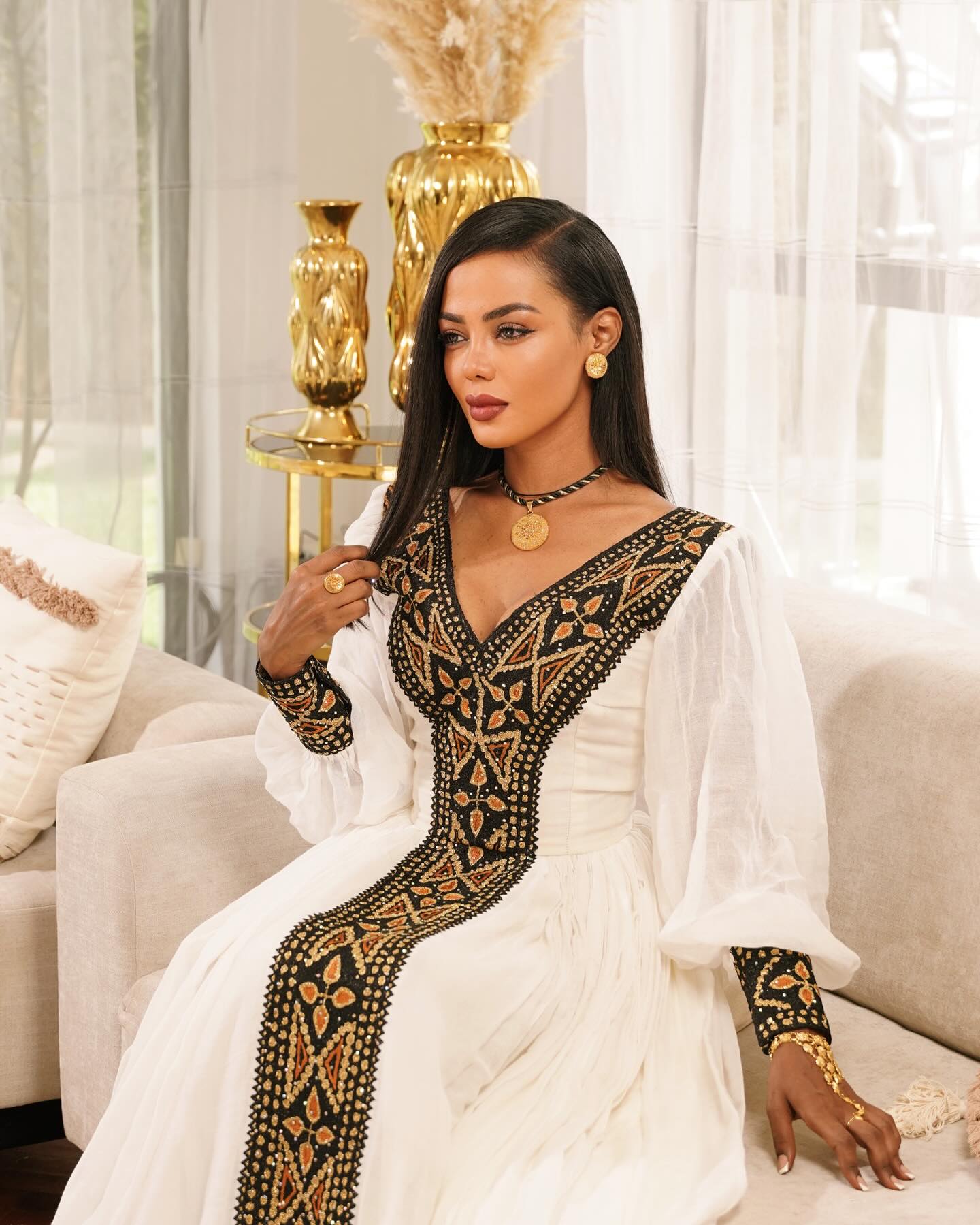 HEAVEN BLACK & GOLD EMBROIDERY ETHIOPIAN CLOTH | CROSS MOTIF CULTURAL HABESHA DRESS | CLASSIC CULTURAL HABESHA KEMIS