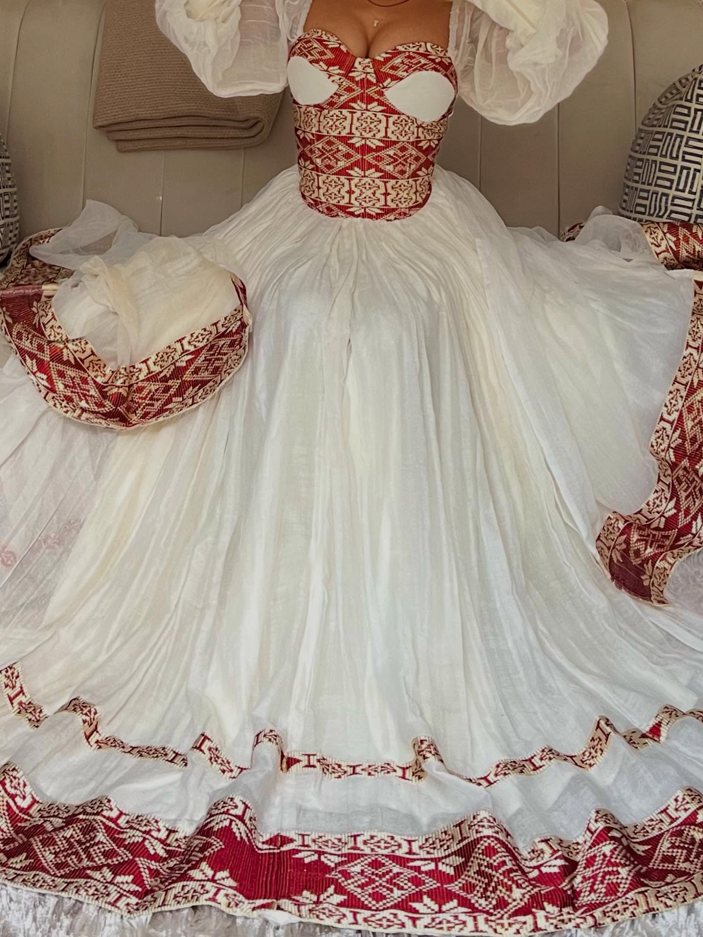 ARIAM ROYAL TRADITIONAL ETHIOPIAN WEDDING DRESS | RED AND GOLD WOVEN PATTERN HABESHA KEMIS | VIBRANT HABESHA DRESS FOR WEDDING